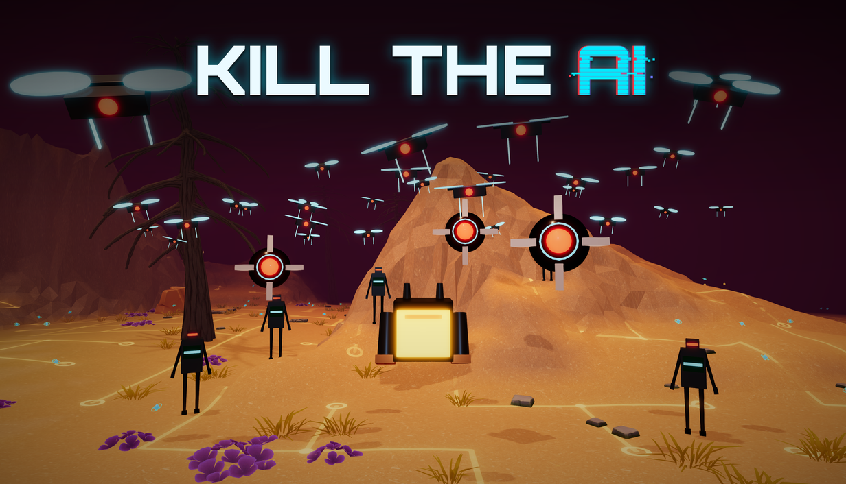 Arte oficial de Kill the AI: una invasión de máquinas en un desierto naranja.
