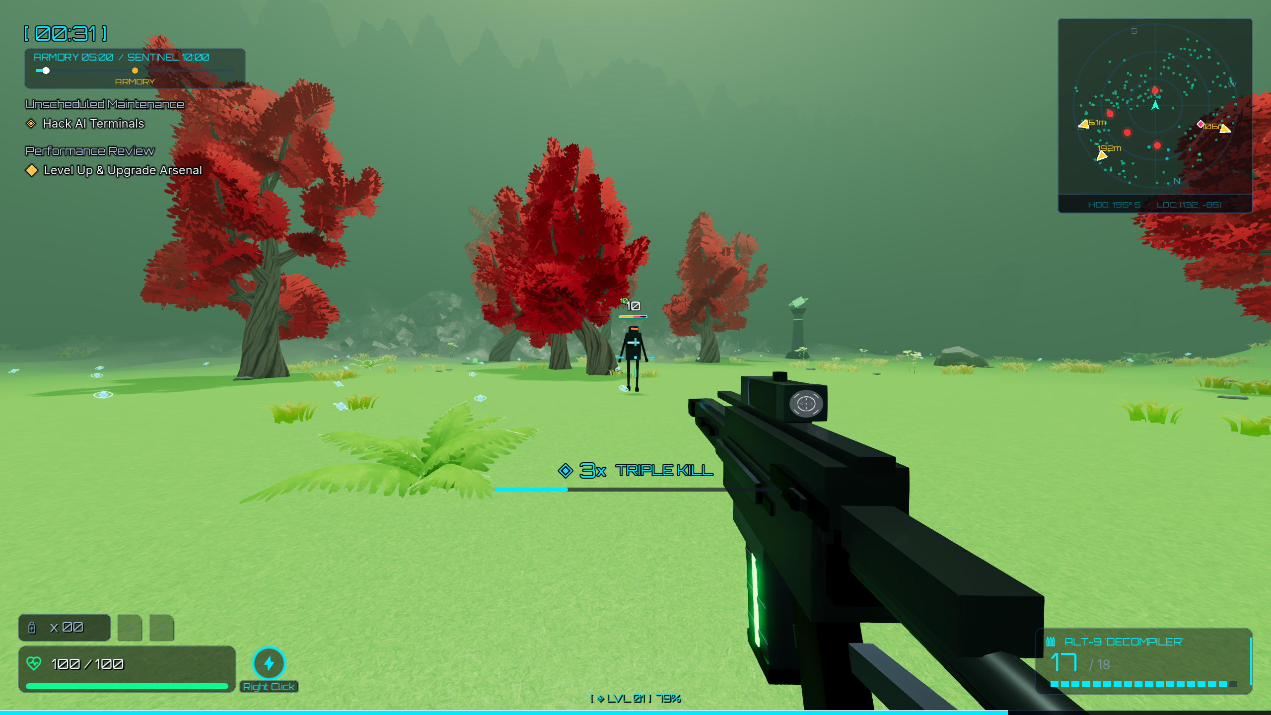 Machine enemies closing in among red trees in the current demo.