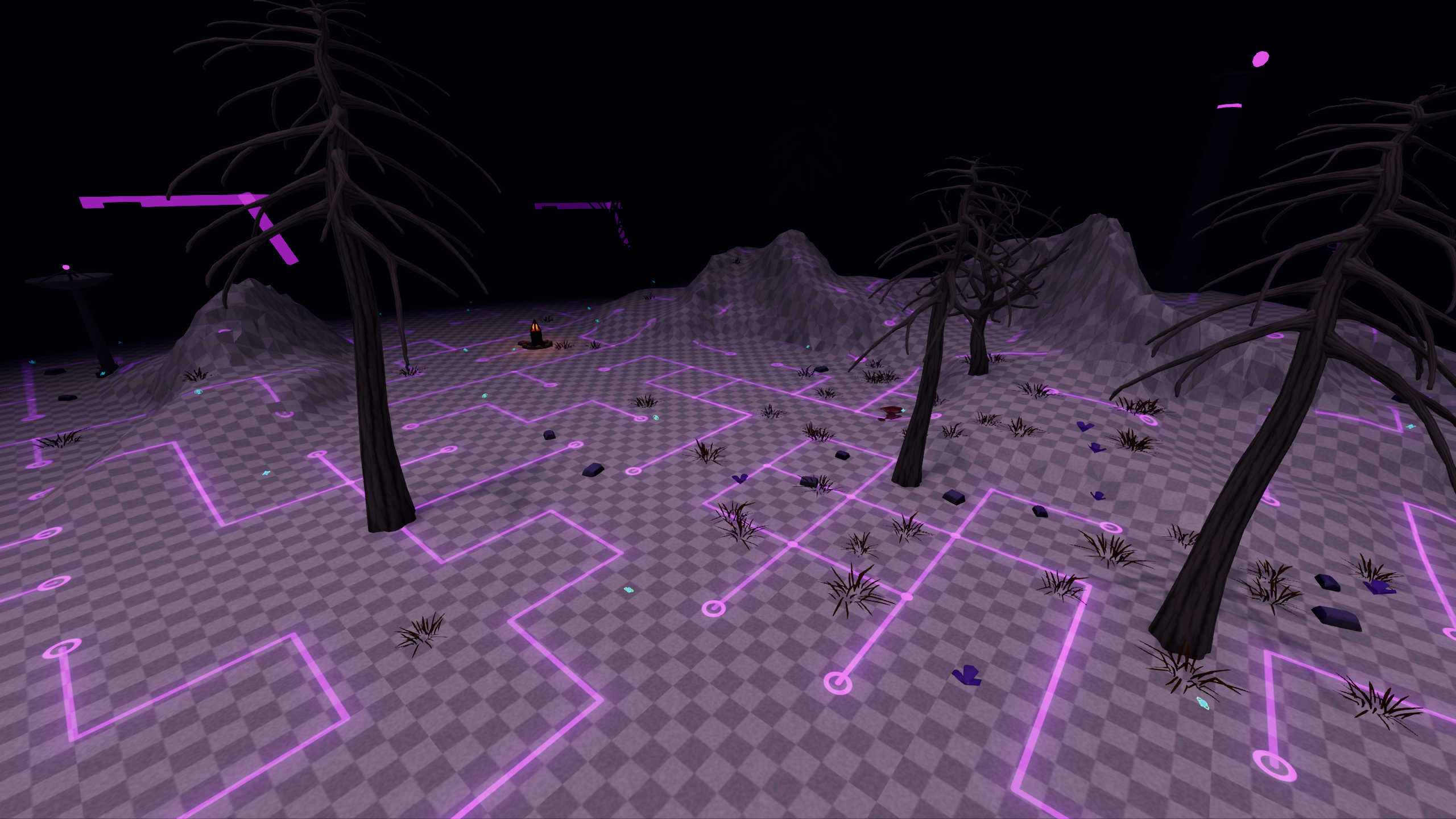 Dark trees and purple circuitry across a biome in the full game.