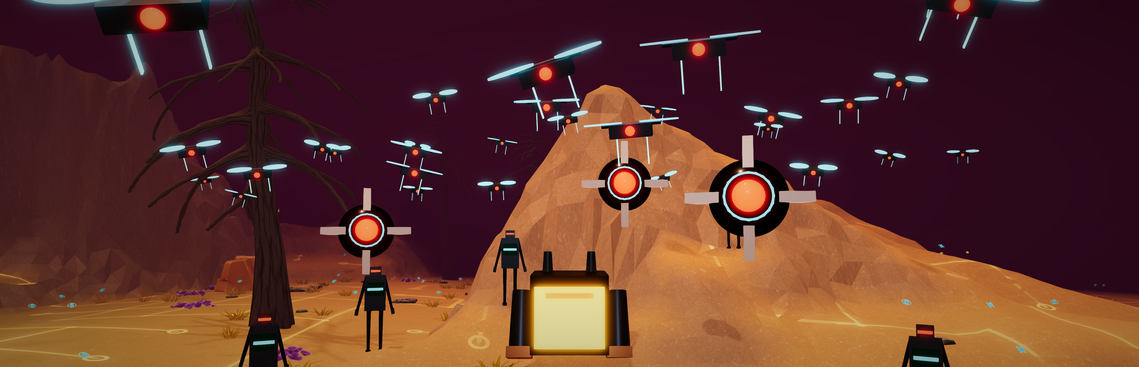 Drones y robots invaden un desierto naranja bajo un cielo oscuro.