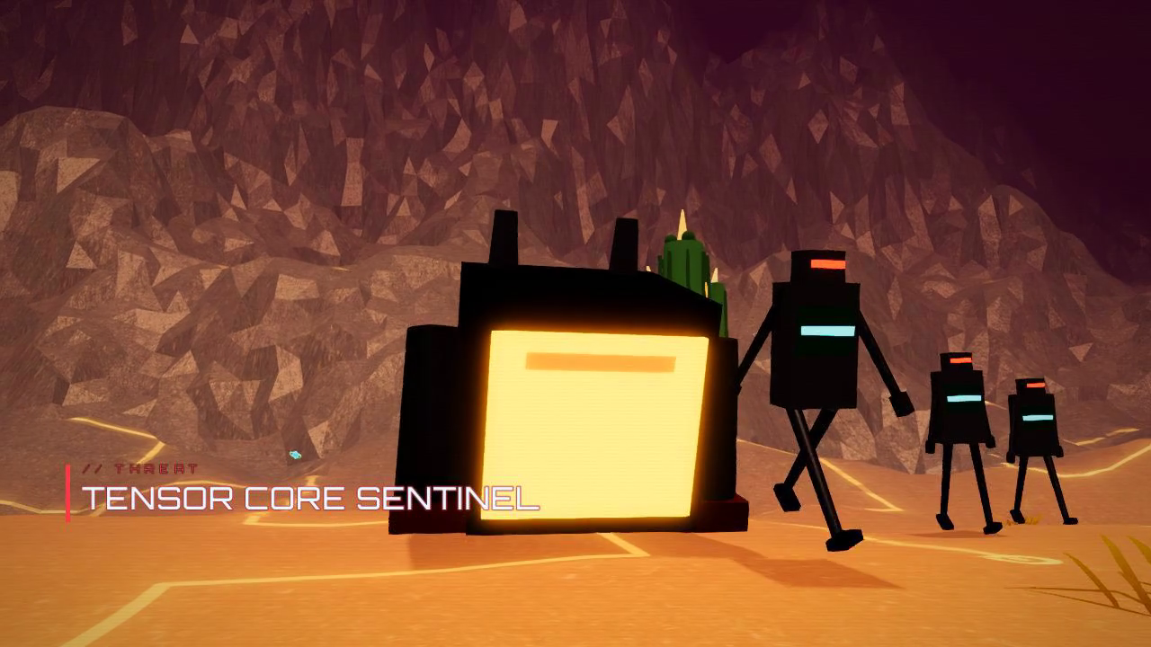 El Tensor Core Sentinel iluminado de amarillo junto a robots en un desierto low-poly.