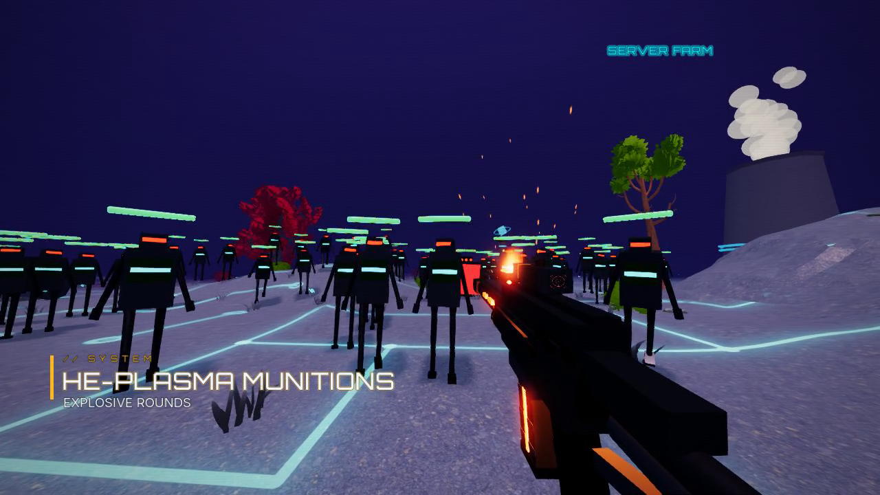 Un arma mejorada se enfrenta a las máquinas en el bioma Server Farm.