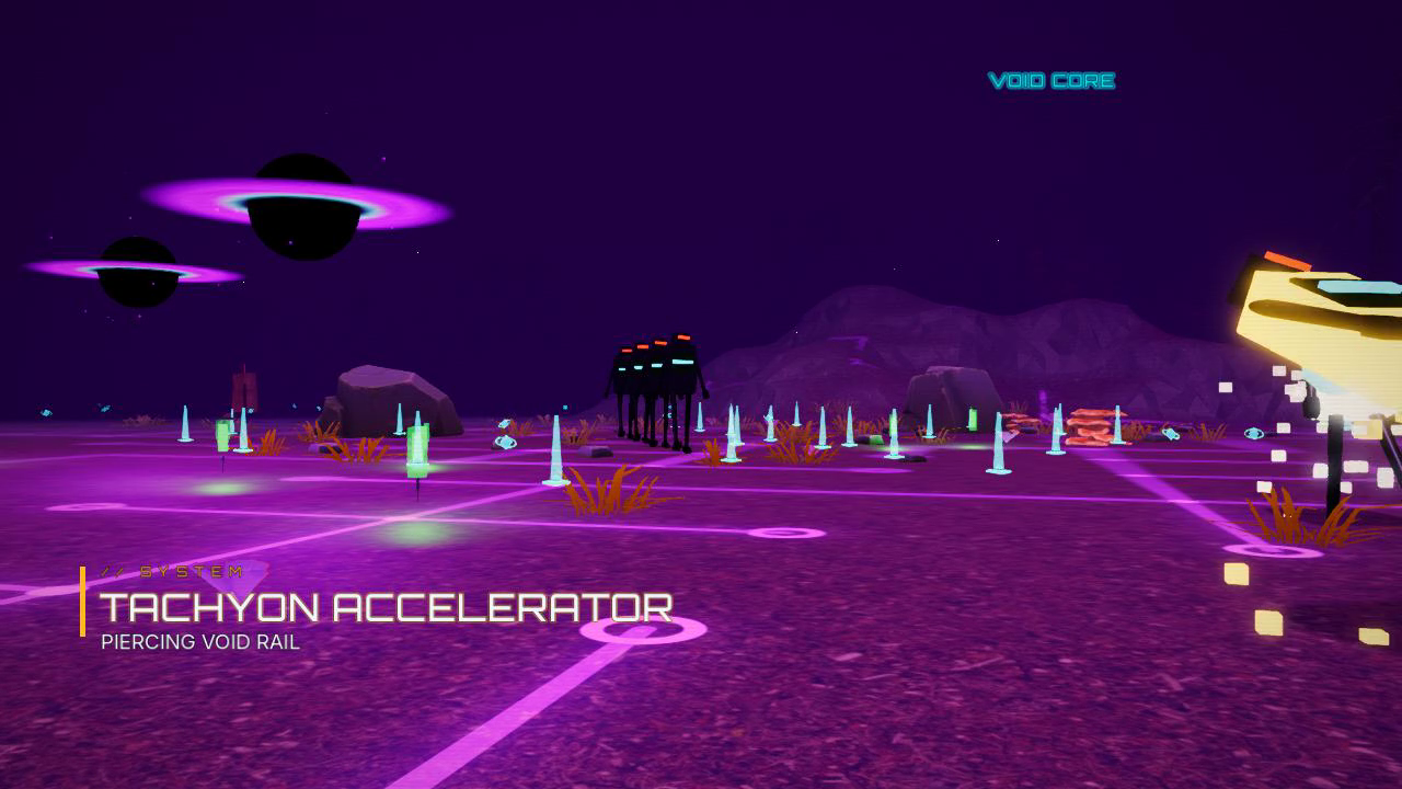 Combate en primera persona en el paisaje violeta de Void Core.